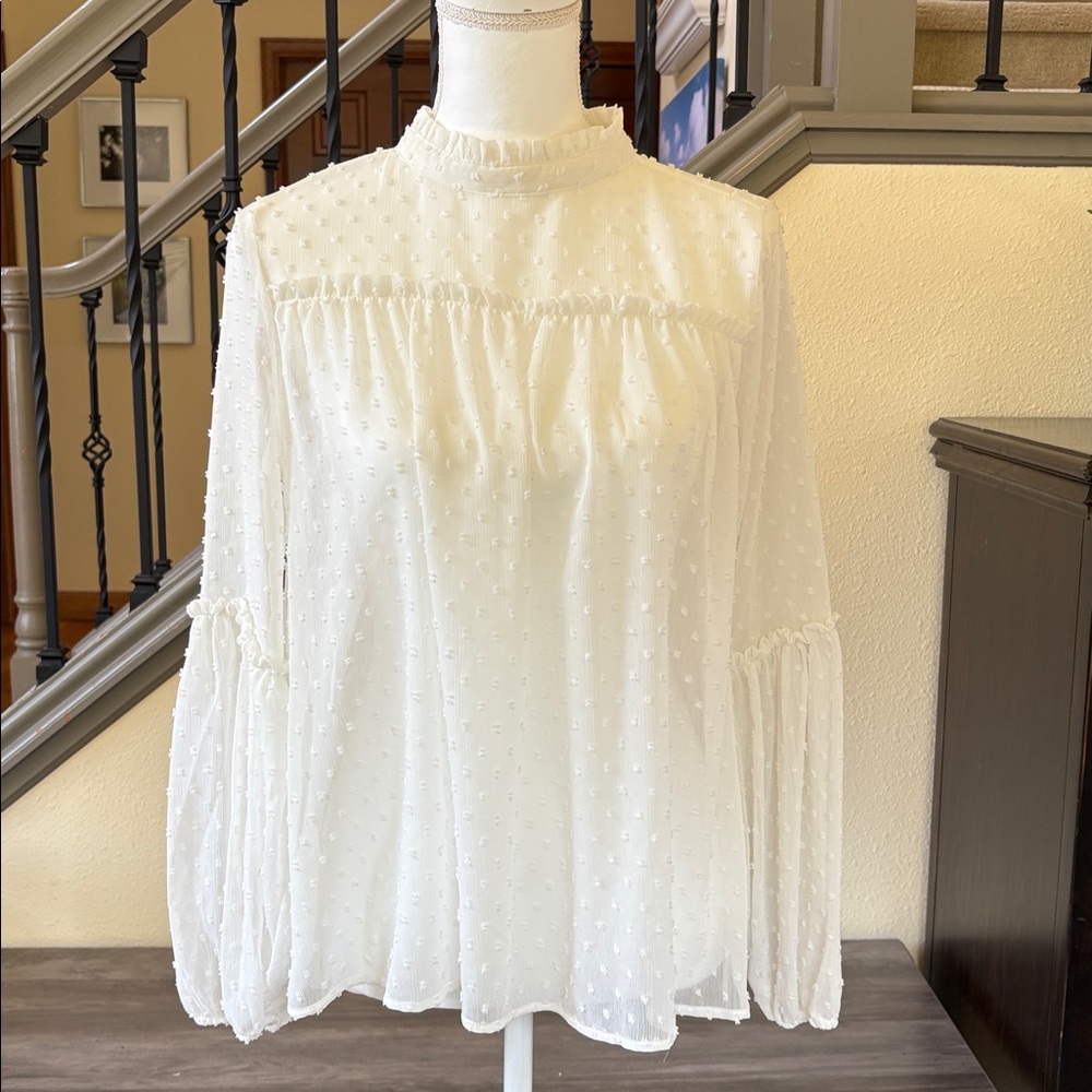 Krazy Kat Elegant Cream Long Sleeve Semi Sheer Blouse Size Small